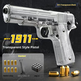 Transparent style pistol labeled '1911' with accessories on a dark background