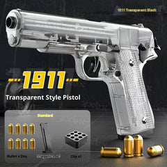 Transparent style pistol labeled '1911' with accessories on a dark background