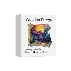 Wooden puzzle packaging with a train and mountain design on a white background
