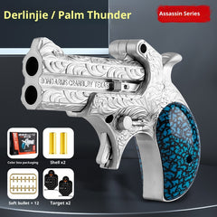 Decorative revolver with blue grip on a dark background, featuring 'Derlinjie / Palm Thunder' branding.