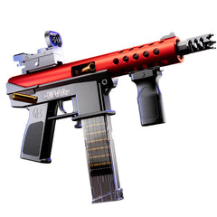 Red and gray paintball gun with a visible brand logo on a white background