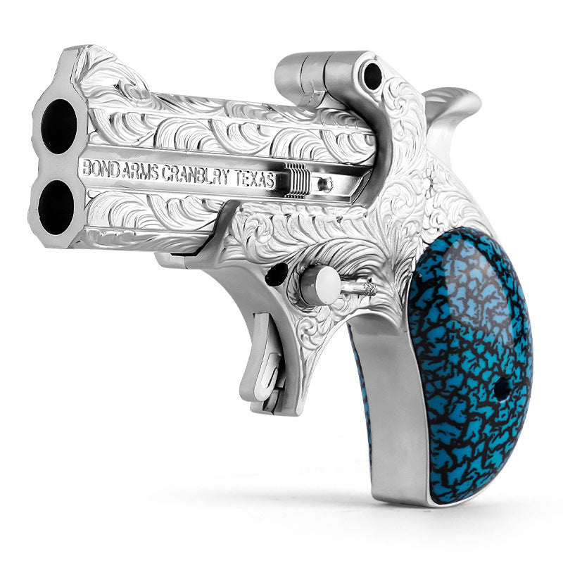 Decorative revolver with blue grip on a white background