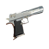 Silver and black handgun on a white background
