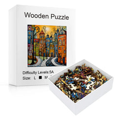 Close-up of handcrafted irregular wooden puzzle pieces in colorful city design