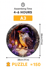 Completed 150-piece round wooden owl puzzle displayed as fantasy art decor.