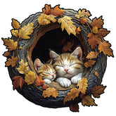 Cozy kittens sleeping inside a tree hollow surrounded by autumn leaves 3D puzzle