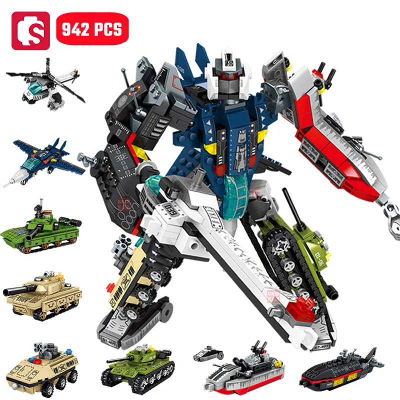 Toy robot model with various vehicles around it, featuring 942 pieces.