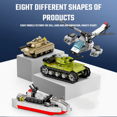 Toy models of a tank, airplane, and boat on a white platform with a blue background.