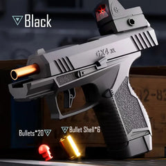 Gray toy gun with red dot sight on a wooden surface, labeled 'Black'.