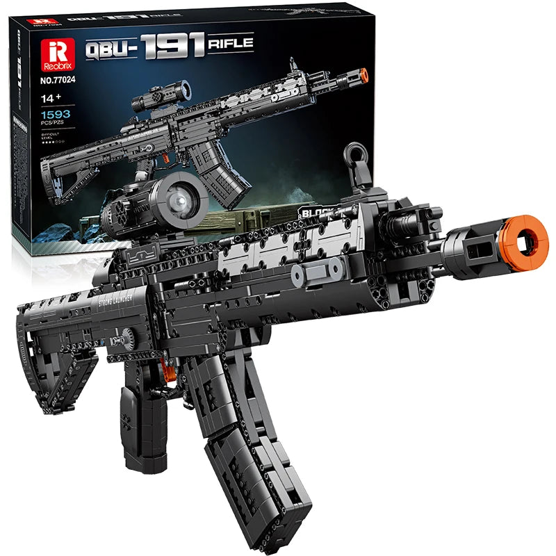 Toy rifle model with detailed design in front of its packaging