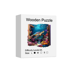 Wooden puzzle box with turtle and coral design on a white background