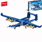 Front view of Sembo Block TB001 blue aircraft building toy set with detailed propellers and landing gear.