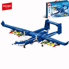 Front view of Sembo Block TB001 blue aircraft building toy set with detailed propellers and landing gear.