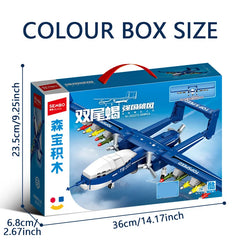 Side view of Sembo Block TB001 airplane construction model showing colorful wing missiles and blue