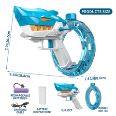 Shark Electric Water Gun size chart showing dimensions, rechargeable battery, charging cable, and bubble bottle accessories – Toytto