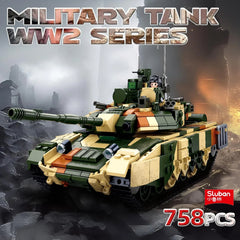 Toy military tank model from Sluban with 'Military Tank WW2 Series' text and '758 PCS' label.