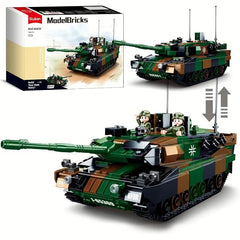 Toy tank model with detailed design and a box in the background