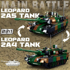 Toy tank set with 'Main Battle Leopard 2A5 Tank' and '2in1 Leopard 2A4 Tank' text on a textured background.