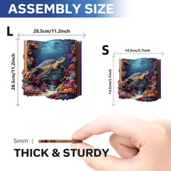 Dimensions and thickness of a turtle-themed book with underwater scene, held by a hand for scale.