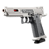 Tactical handgun with a white and gray finish on a white background