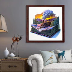 book-shaped 3D puzzle showing wooden steam locomotive inside