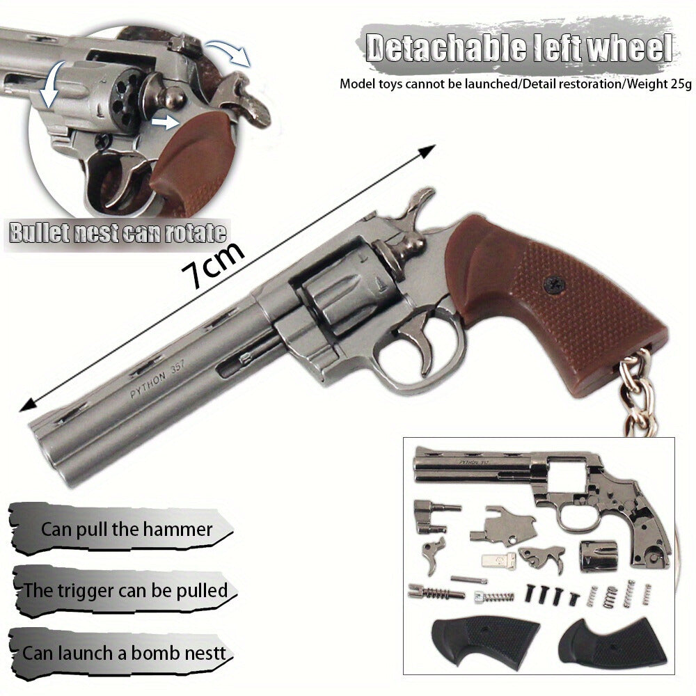 Revolver model toy with detachable left wheel and bullet nest, showing features and assembly parts.