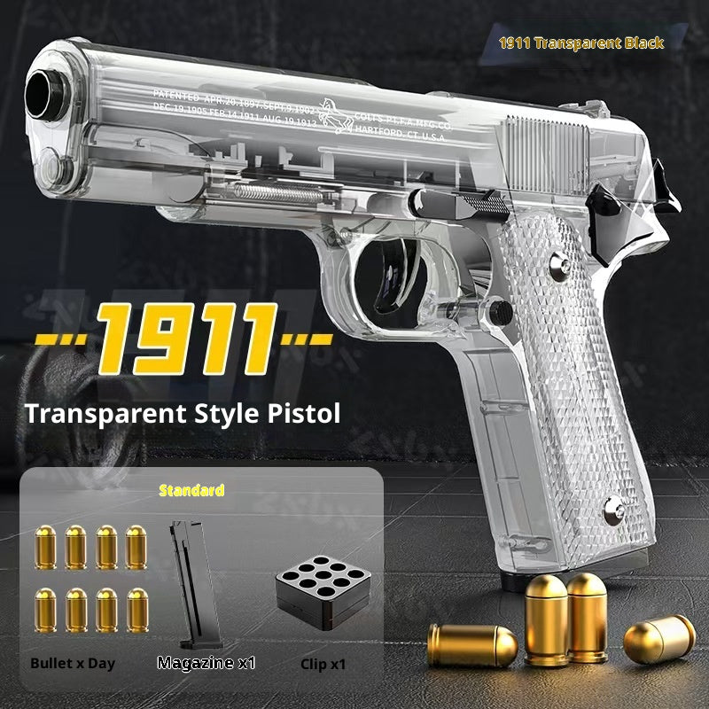 Transparent style pistol labeled '1911' with accessories on a dark background