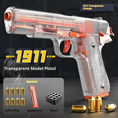 Transparent model pistol labeled '1911' with accessories on a dark background