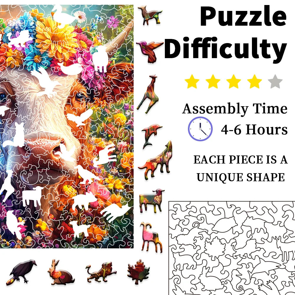 Rustic Cow Wreath Wooden Puzzle – Creative Animal Shape Art