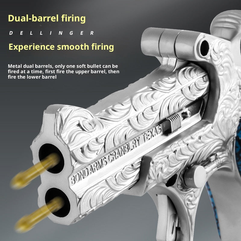 Decorative dual-barrel firearm with intricate design on a gray background