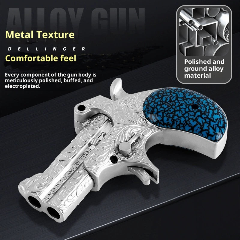 Silver gun with blue grip on a black background, highlighting metal texture and material details.