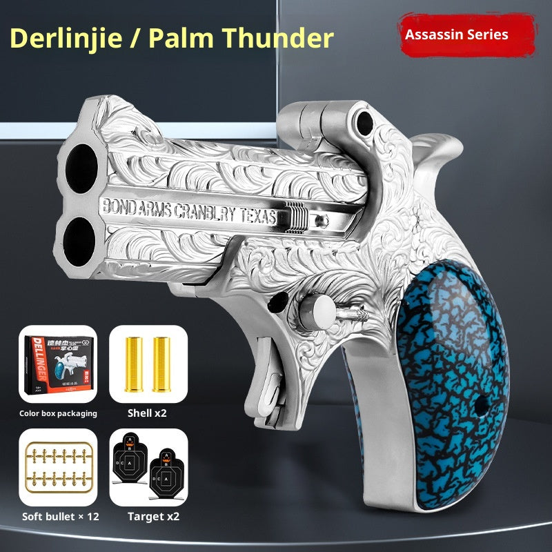 Decorative revolver with blue grip on a dark background, featuring 'Derlinjie / Palm Thunder' branding.