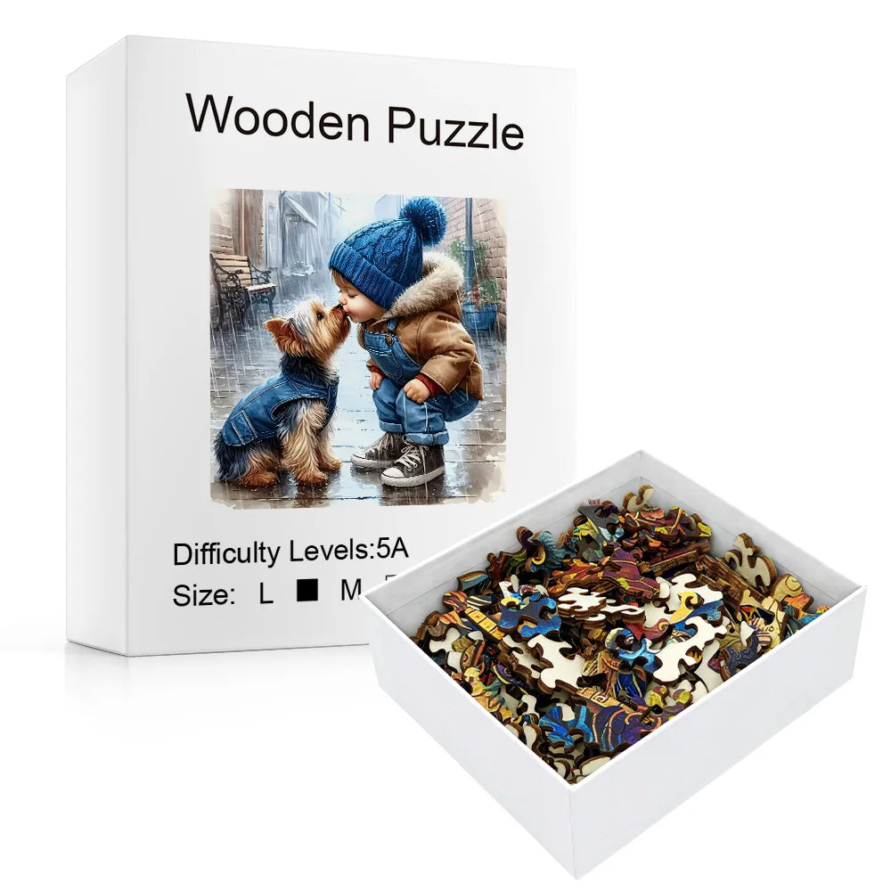 Dog-shaped wooden puzzle pieces