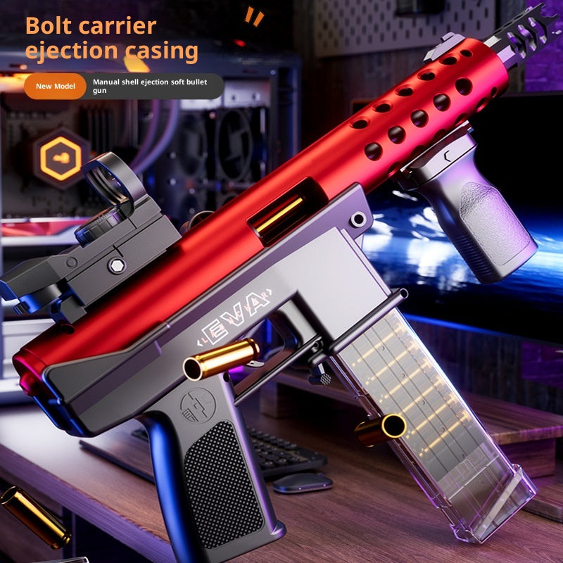 Red and black bolt carrier ejection casing on a blurred background