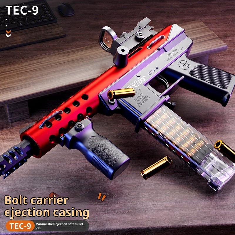 Red and purple TEC-9 gun with ammunition on a wooden surface