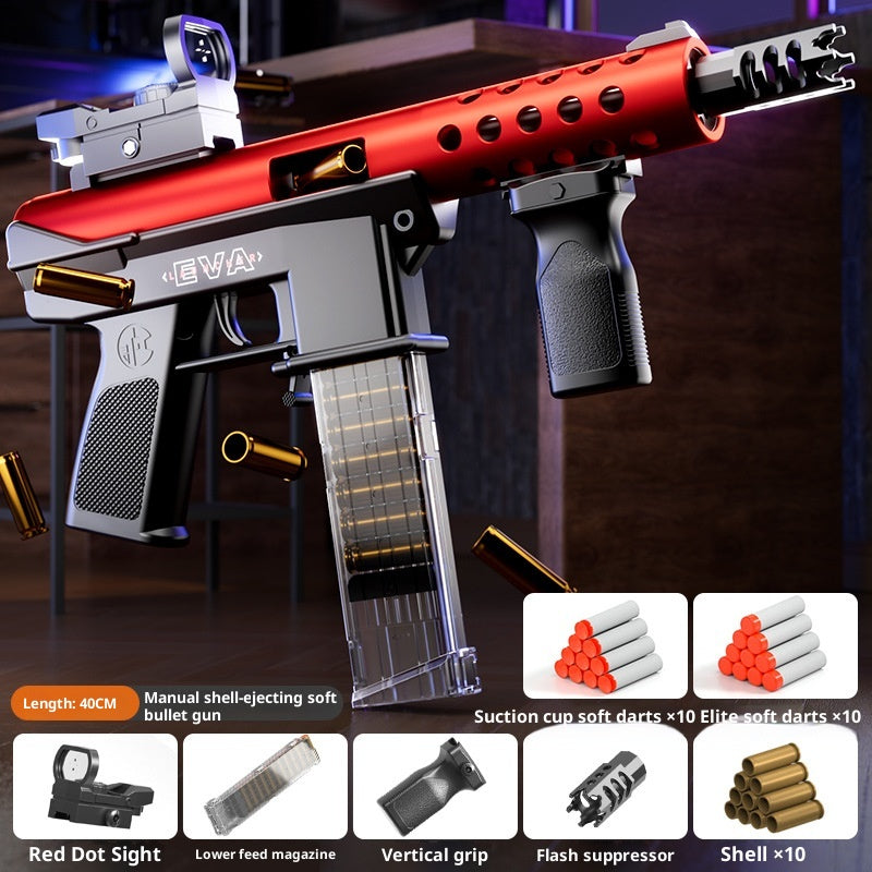 Red and black toy gun with accessories on a dark background