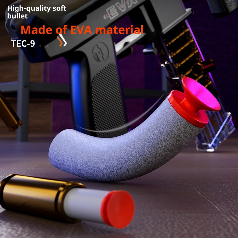 Toy gun with EVA soft bullet and TEC-9 branding on a dark background