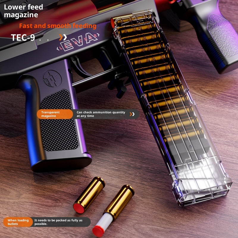 Weapon with transparent magazine showing ammunition on a wooden surface