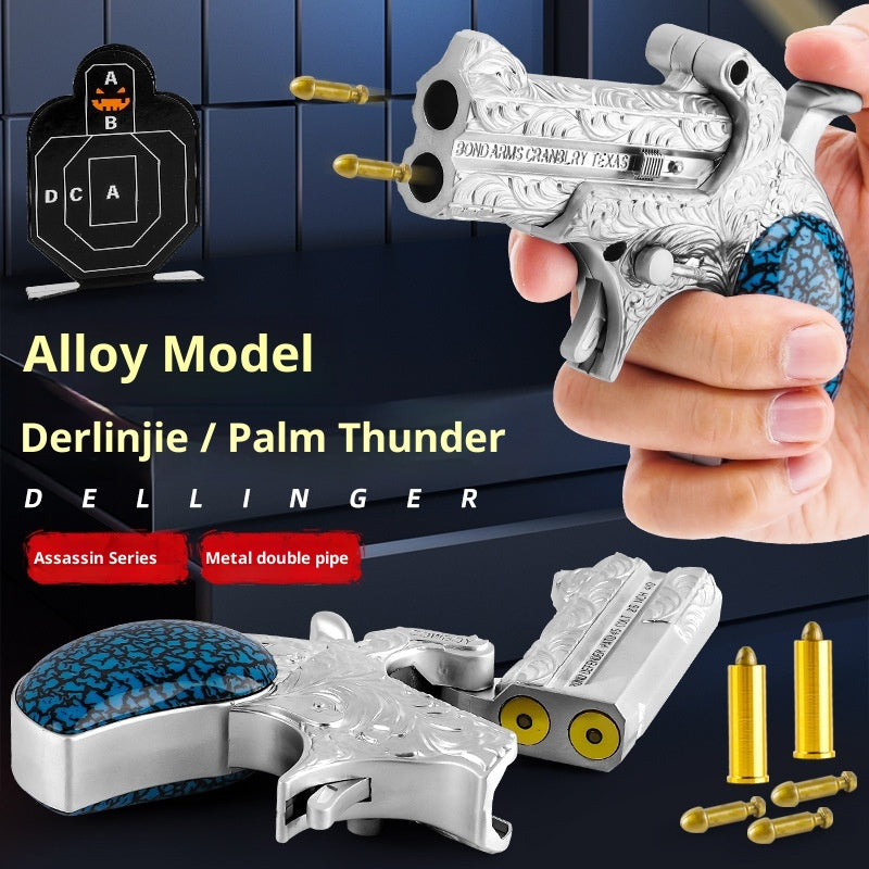 Metallic gun model with blue accents held by a hand, against a dark background with targets.