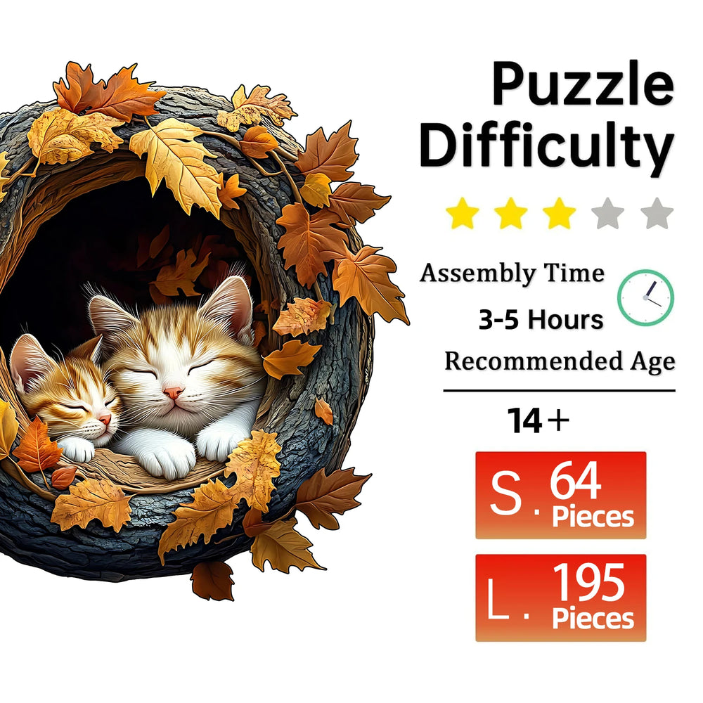 Artistic fall cat puzzle showing intricate design of two sleeping kittens in a hollow tree