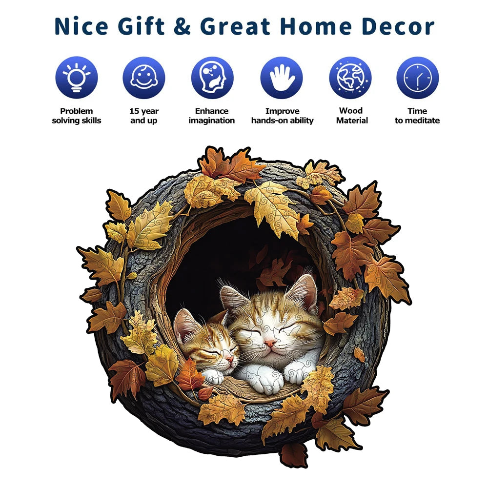 Heartwarming 3D puzzle of cozy cats surrounded by yellow and orange autumn leaves
