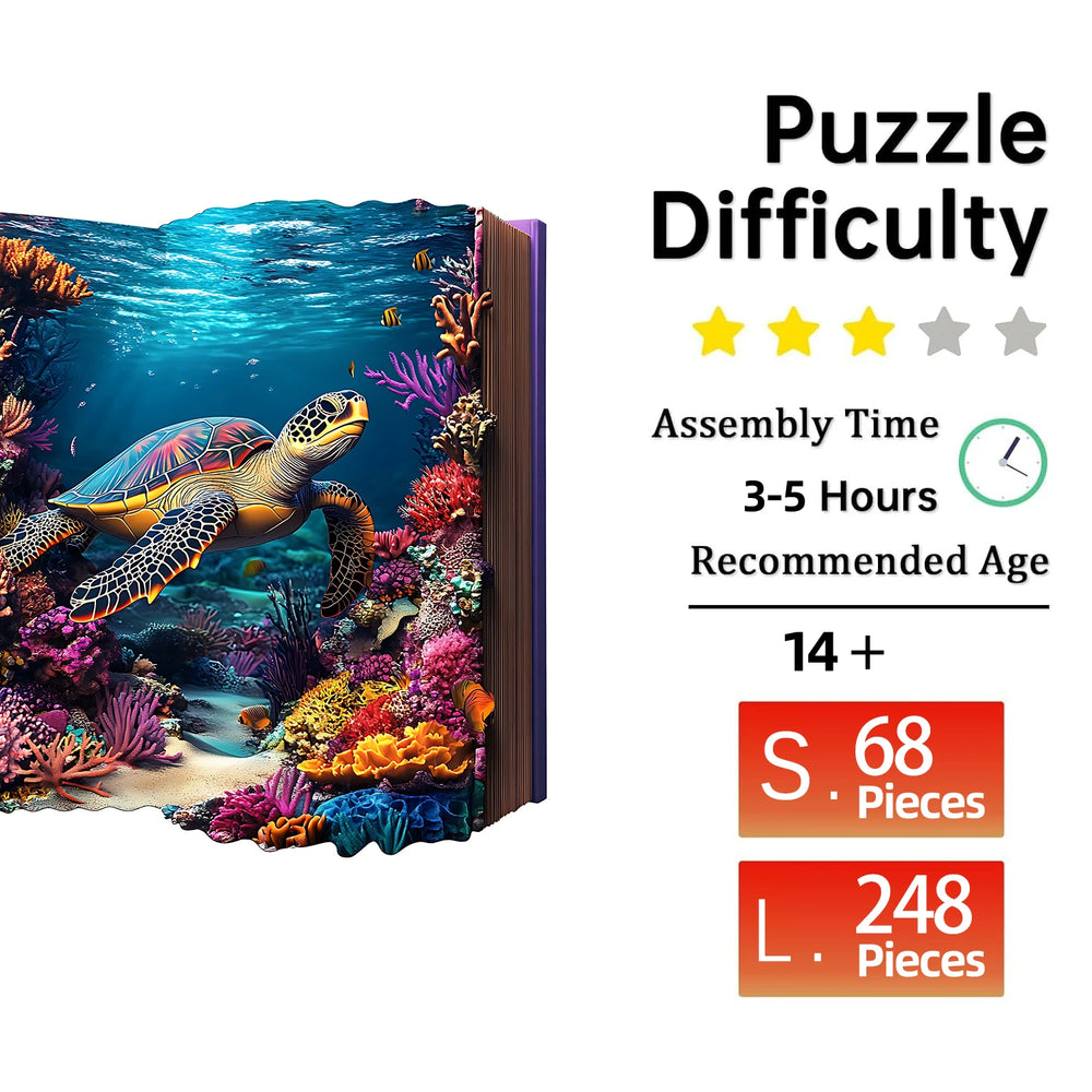 Jigsaw puzzle packaging with turtle and coral design, difficulty rating, assembly time, and piece count displayed.