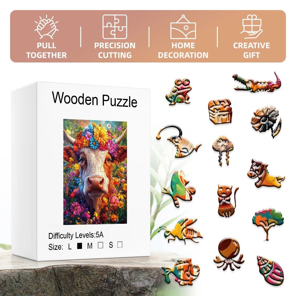 completed rustic cow wreath wooden puzzle art display