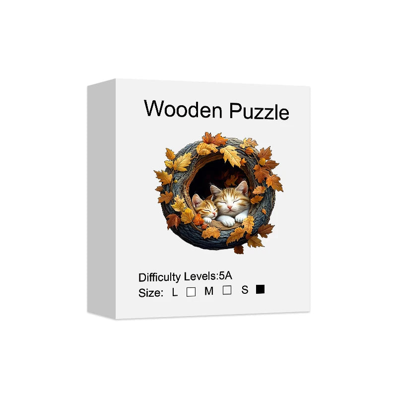 Wooden 3D puzzle of sleeping kittens with golden fall leaves and detailed bark texture