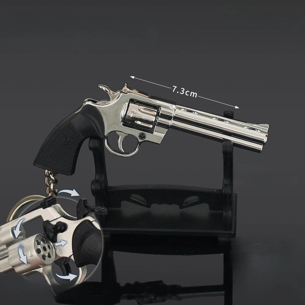Model revolver with measurement details on a black background