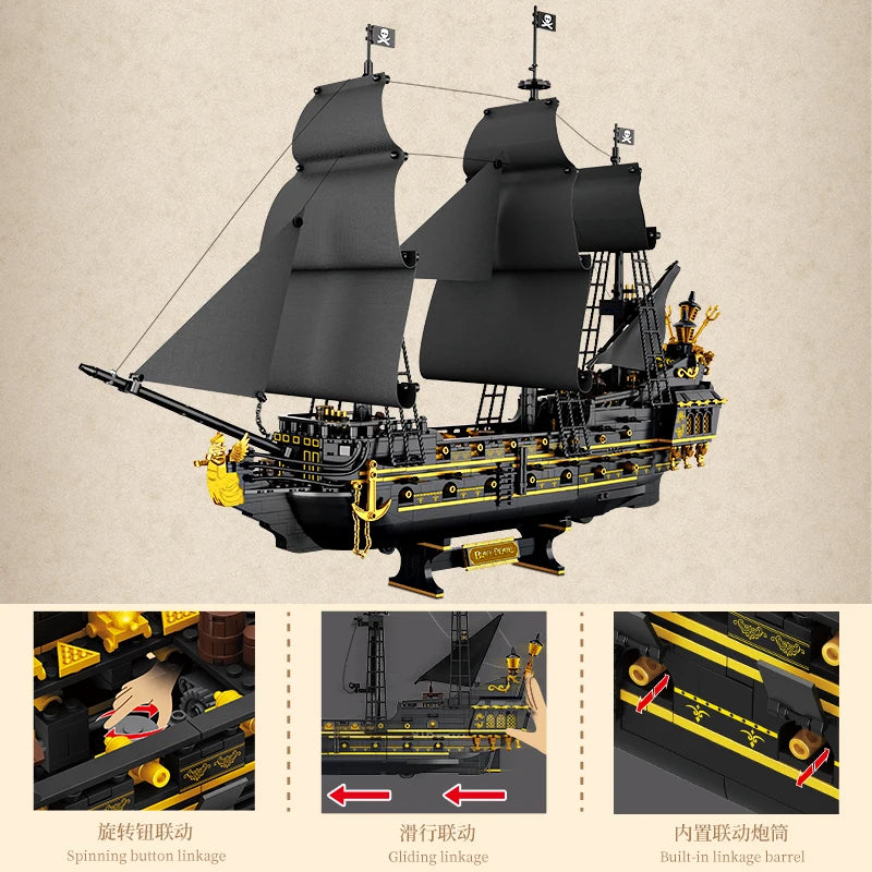 Black and gold toy ship model with detailed features on a beige background