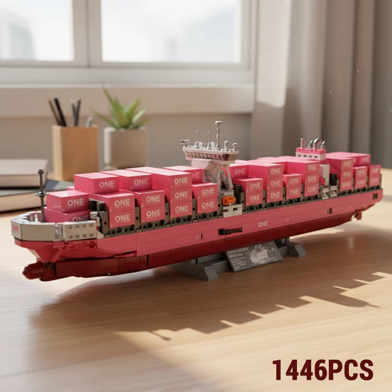 Side view of realistic cargo ship model made from building blocks