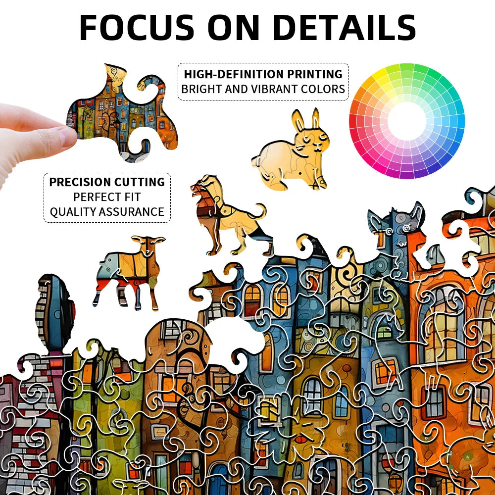 Completed Cartoon City wooden puzzle showing detailed city artwork