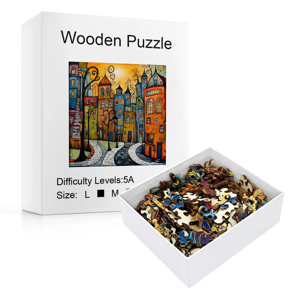 Close-up of handcrafted irregular wooden puzzle pieces in colorful city design