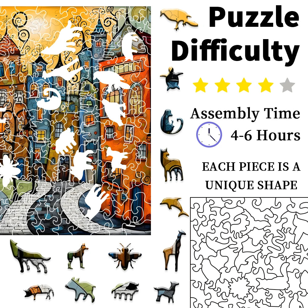 Laser-cut handcrafted wooden pieces of Cartoon City puzzle for adults